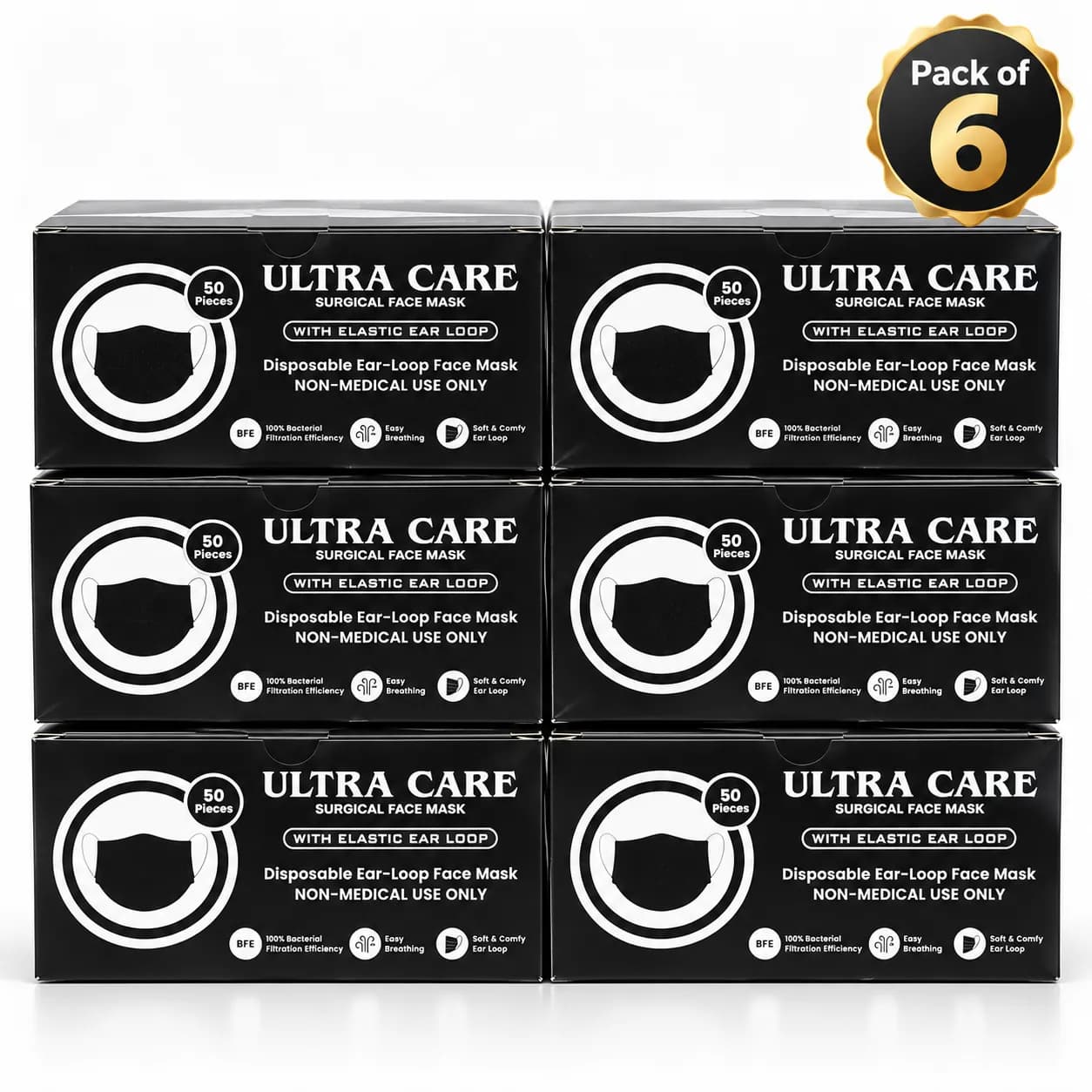 Ultra Care Black Disposable Face Masks | Pack of 6 Boxes | 300 Masks