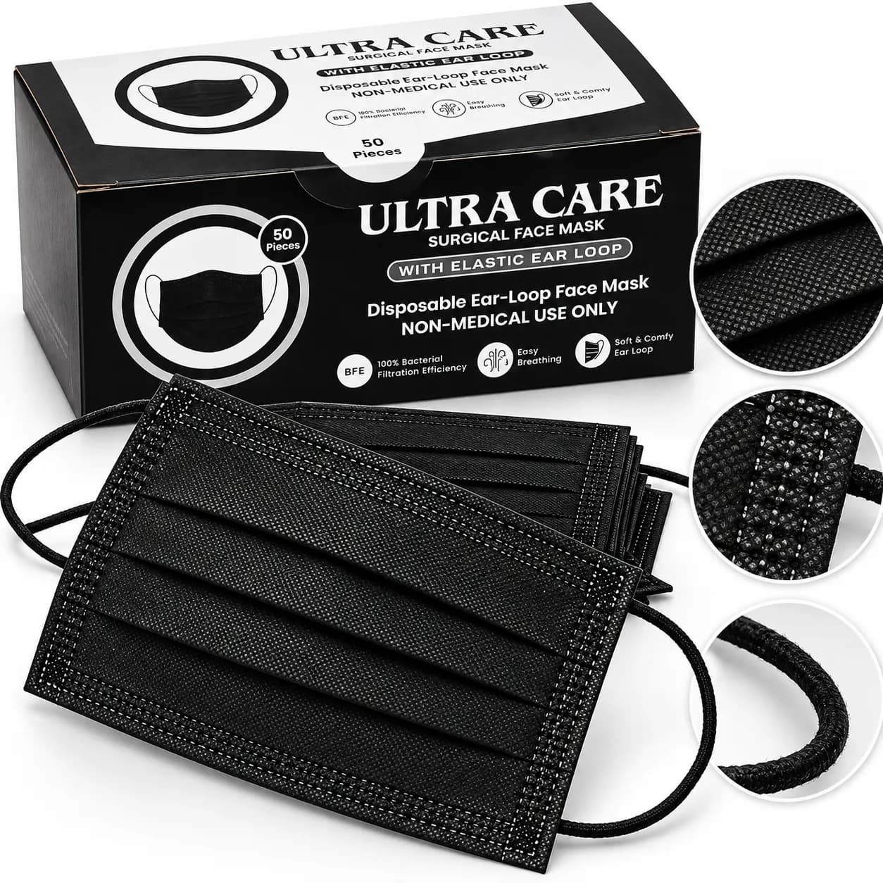 Ultra Care Black Disposable Face Masks | Pack of 12 Boxes | 600 Masks