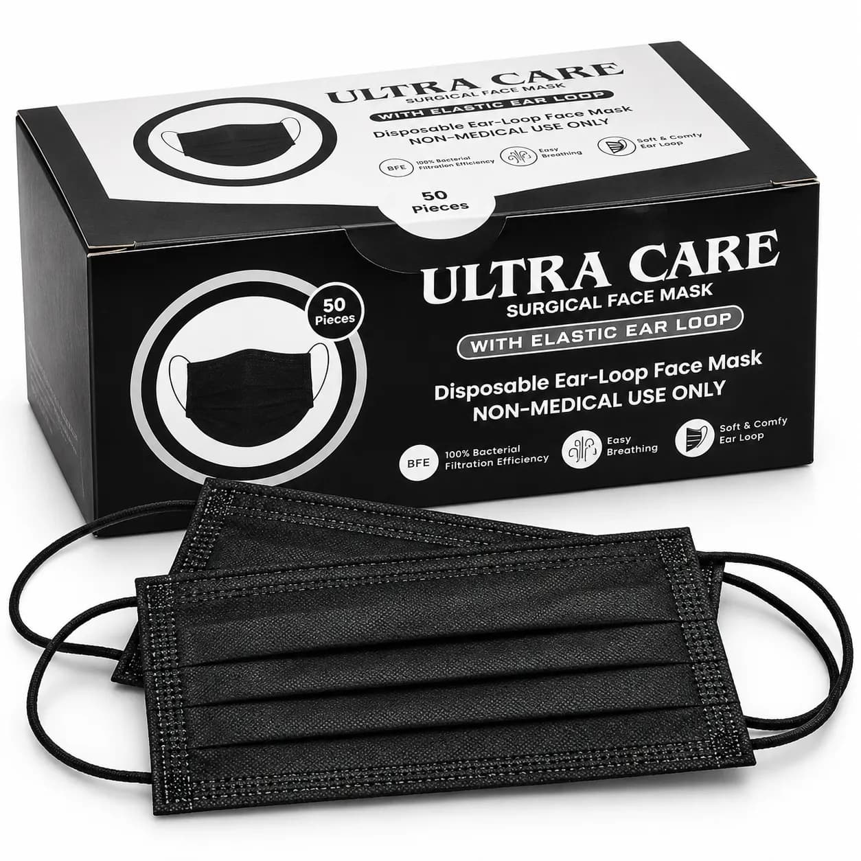 Ultra Care Black Disposable Face Masks | Pack of 12 Boxes | 600 Masks