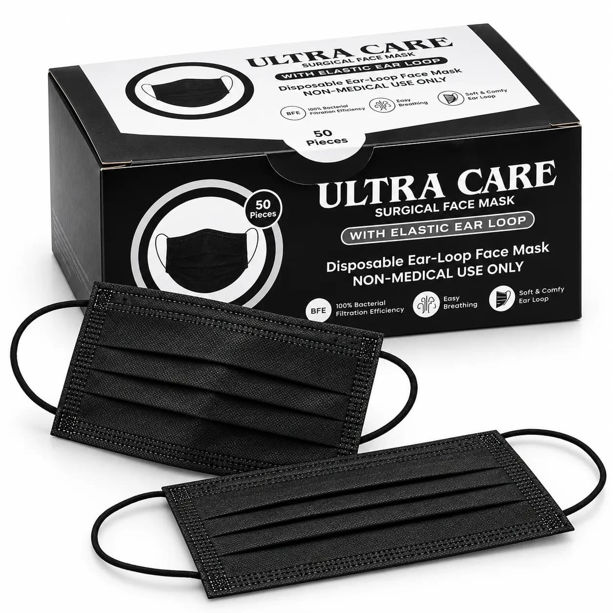 Ultra Care Black Disposable Face Masks | Pack of 12 Boxes | 600 Masks